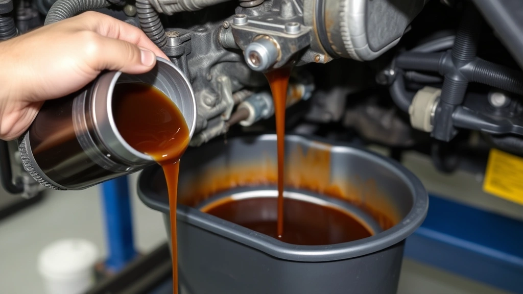 Technician draining dark brown transmission fluid from transmission pan into drain pan under vehicle on lift, showing fluid color degradation comparison