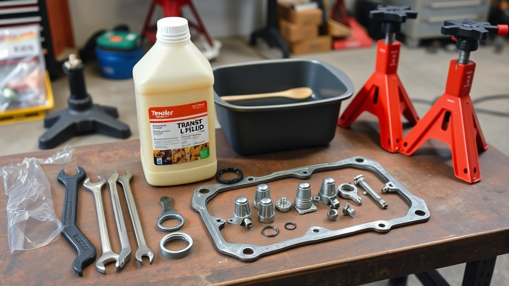 New transmission fluid bottle and transmission pan gasket laid out with tools including wrench, drain pan, and jack stands on workbench before installation