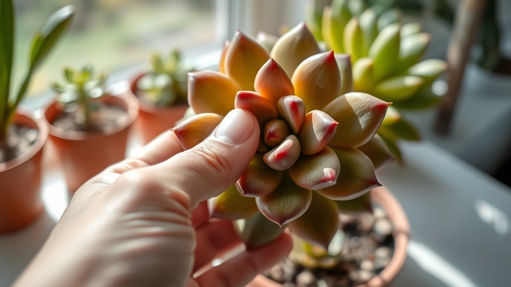 Close-up of a person's hand touching a plump, healthy succulent leaf to test moisture and firmness, natural sunlight, indoor setting with terracotta pots in background