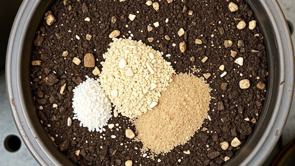 Overhead view of a well-draining succulent soil mixture with perlite and coarse sand particles visible, showing proper drainage composition in a pot with drainage holes
