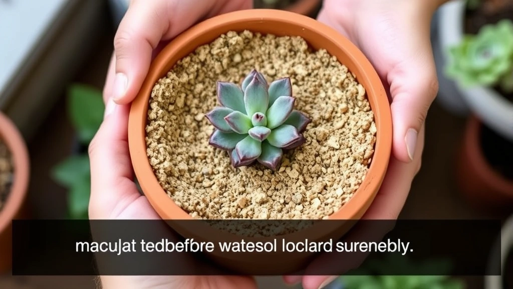 Hands holding a lightweight terracotta pot filled with a dry, crumbly succulent soil, demonstrating the dry soil test before watering, with a succulent plant visible inside