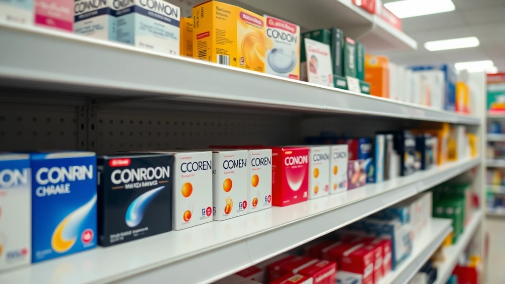 Close-up of pharmacy shelf with diverse condom boxes and sexual health products, professional lighting, realistic retail environment, no text visible on packages