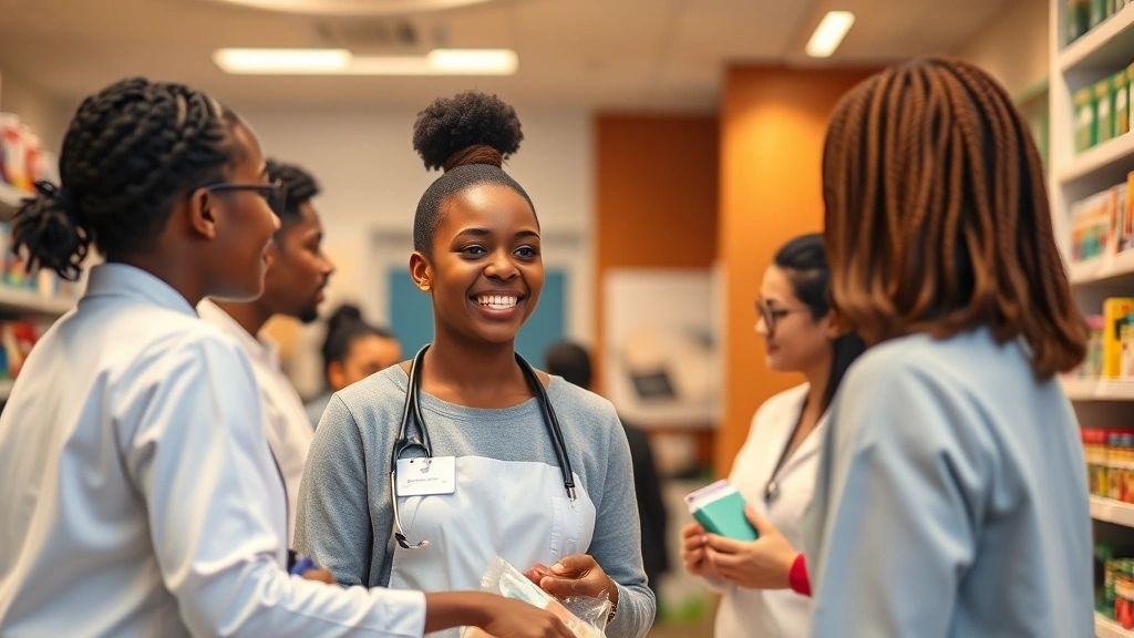 Young adult confidently purchasing items at pharmacy counter, warm lighting, professional healthcare setting, diverse representation, focus on normalcy and comfort