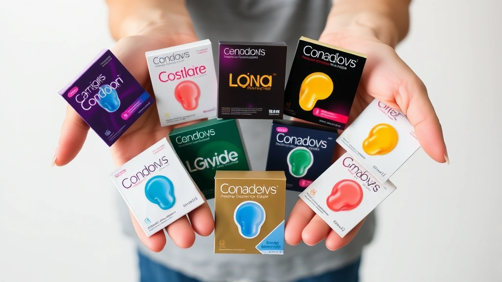 Hands holding various condom packages showing different types and sizes, neutral background, educational presentation style, realistic product photography
