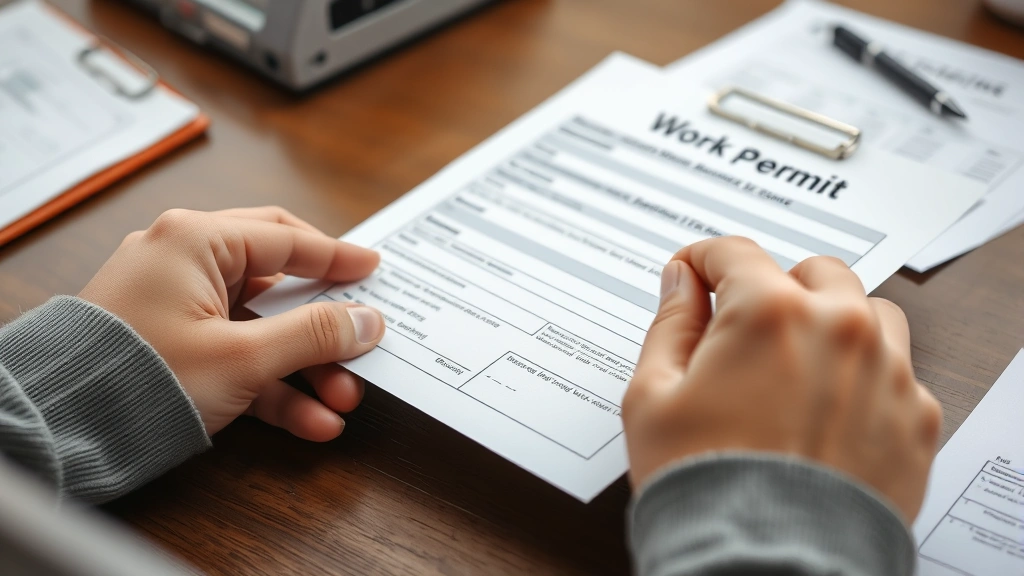 Close-up of hands holding work permit document and application form on desk with pen, representing youth employment paperwork