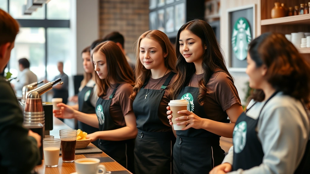 Diverse group of teenage employees in Starbucks uniforms preparing drinks and serving customers behind espresso bar counter