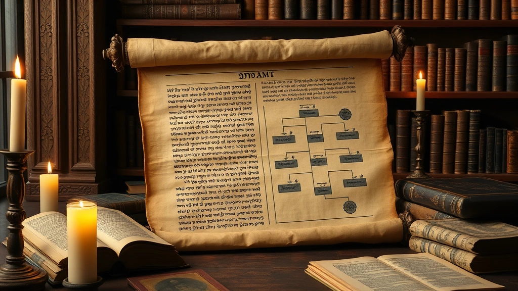 Ancient scroll with Hebrew text and genealogical family tree diagram, candlelit study room with leather-bound books and parchment documents