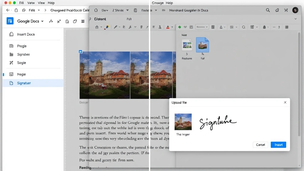 Split-screen view showing Google Docs document on left side with Insert menu open, and on right side showing image upload dialog box with signature file being selected from computer folder