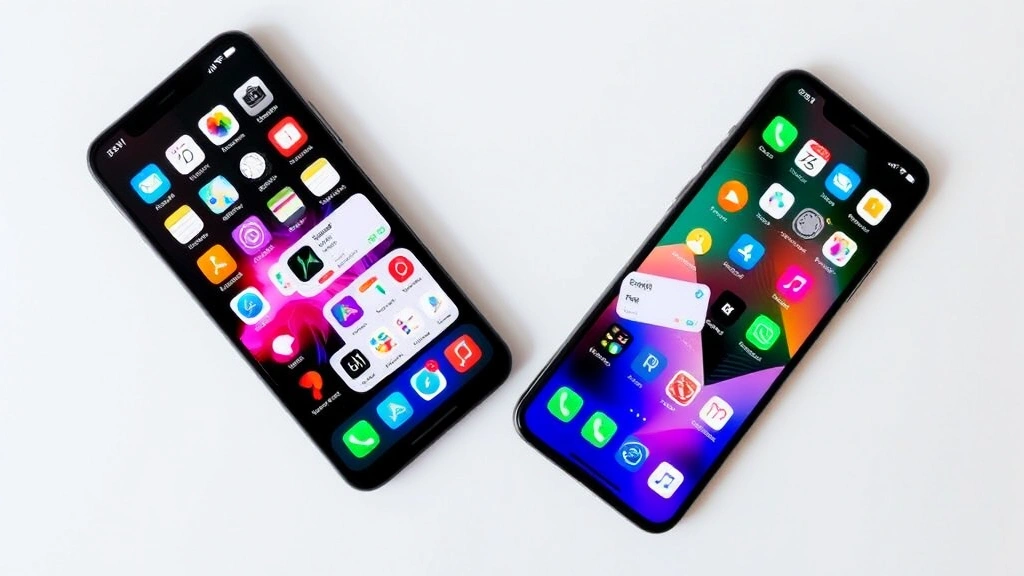 Overhead flat lay of two smartphones side by side showing different home screen layouts with apps arranged in folders, one iPhone and one Android device, both displaying organized home screens with visible customization, neutral background with soft shadows