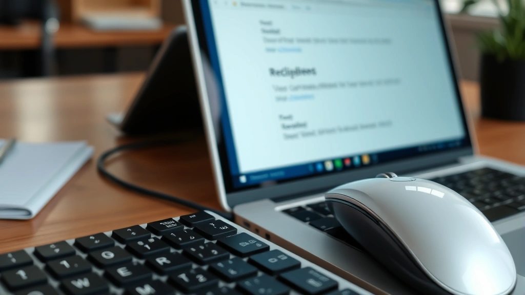Close-up of computer keyboard and mouse next to laptop showing email compose window with recipient fields, natural office lighting and wooden desk surface