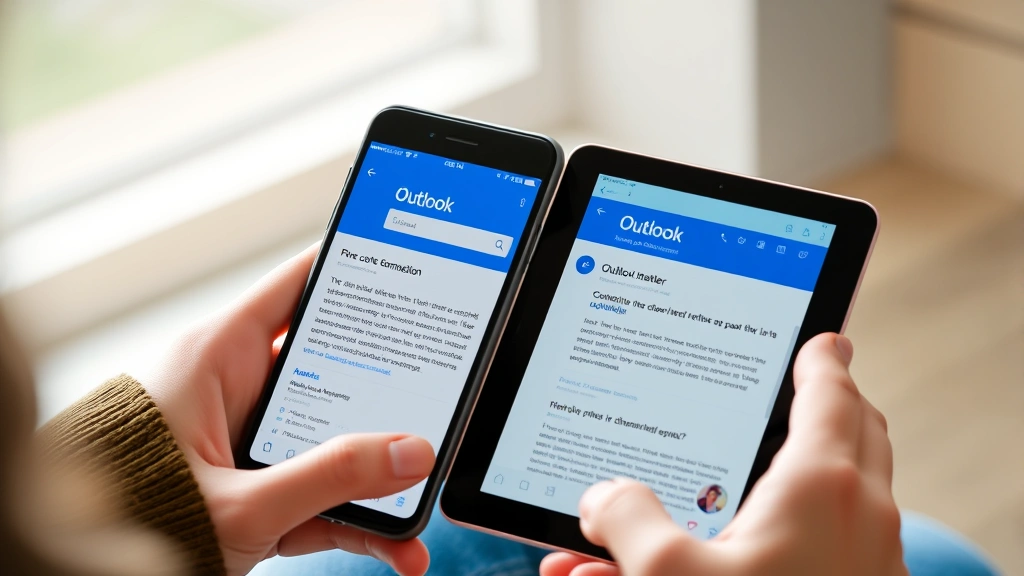 Smartphone and tablet side by side displaying Outlook mobile app email composition screen, hands holding devices, bright natural lighting and soft background