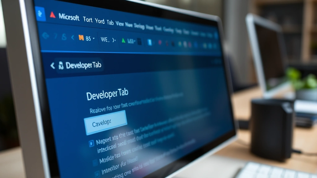 Close-up of computer screen displaying Microsoft Word document with Developer Tab highlighted and checkbox form control visible, professional office desk background, natural lighting