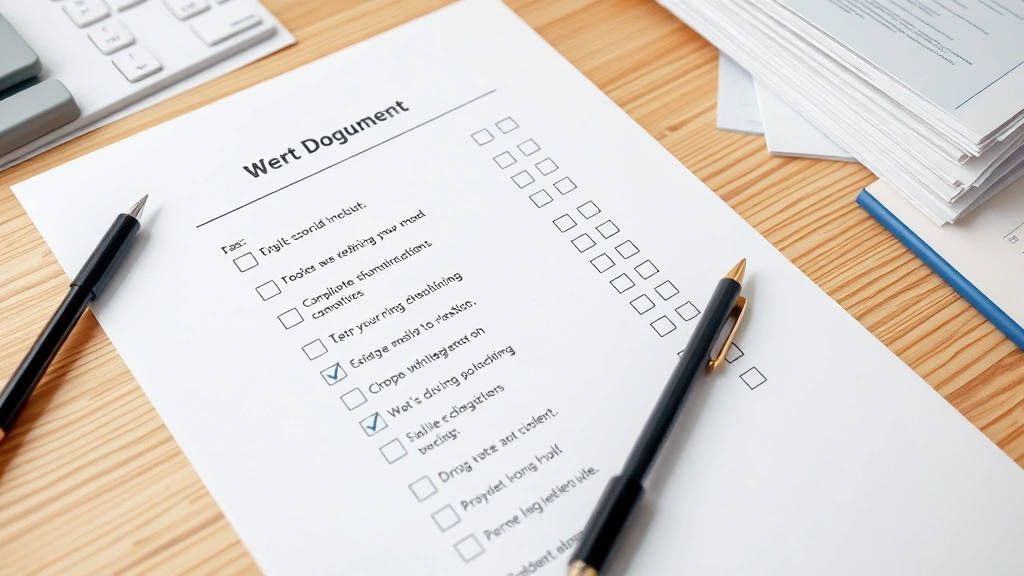Organized workspace showing printed Word document with multiple checkbox lists and completed items marked with checkmarks, pen on desk, organized papers