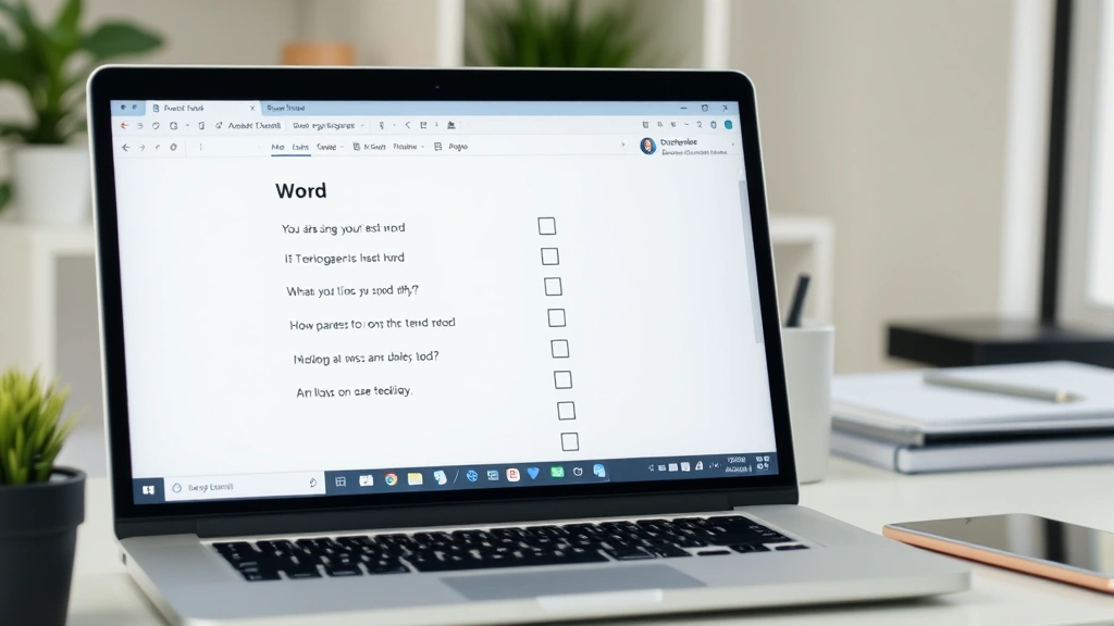 Split-screen view of laptop showing Word form with interactive checkboxes being filled out by user, clean desk setup, professional home office environment