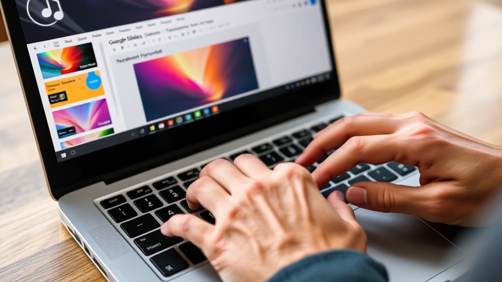 Close-up of hands typing on a laptop keyboard with Google Slides presentation open on screen showing colorful slide thumbnails on left panel and main editing area with music note icon visible