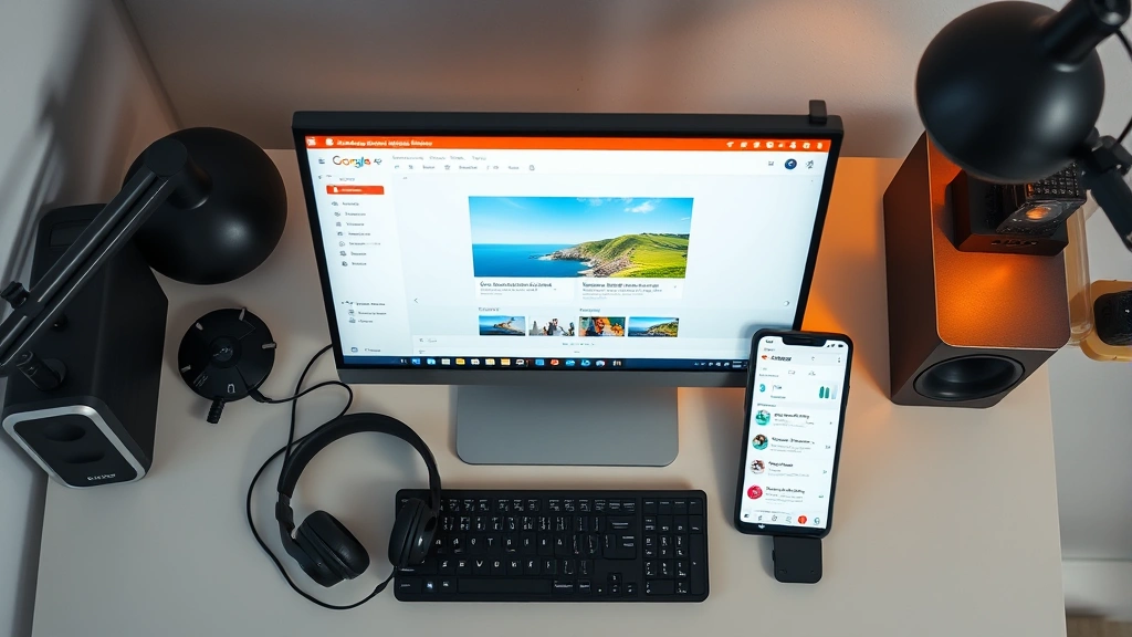Wide overhead shot of a modern desk setup with monitor displaying Google Slides interface, headphones resting nearby, and a smartphone showing audio file icons in Google Drive
