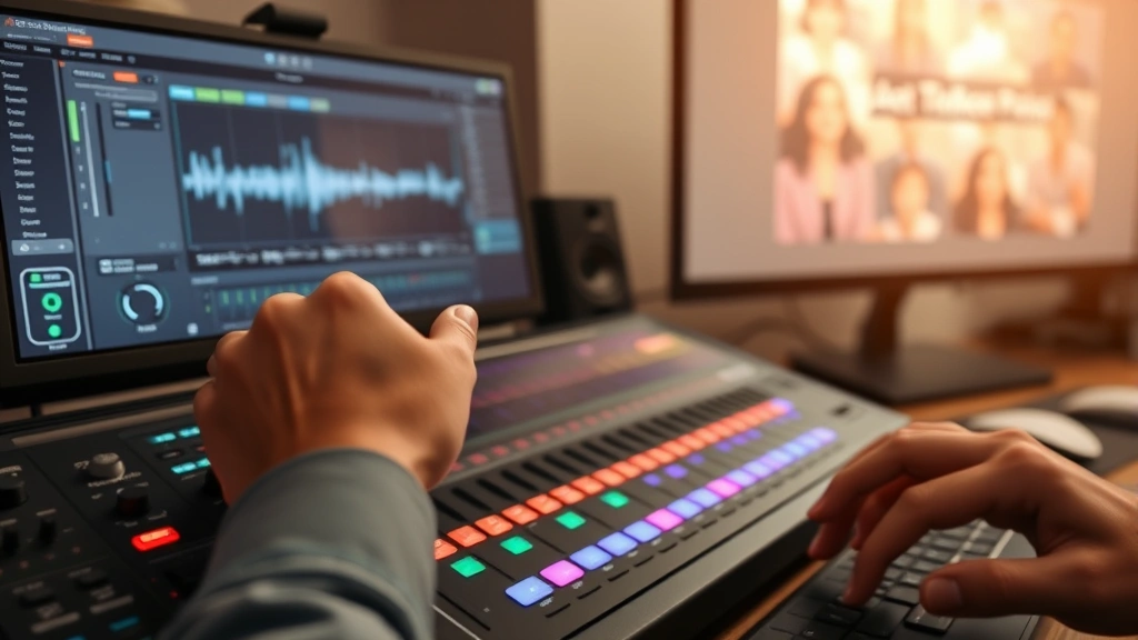 Person adjusting volume slider on audio control panel interface displayed on computer screen, with presentation slides visible in background, showing professional audio editing workspace