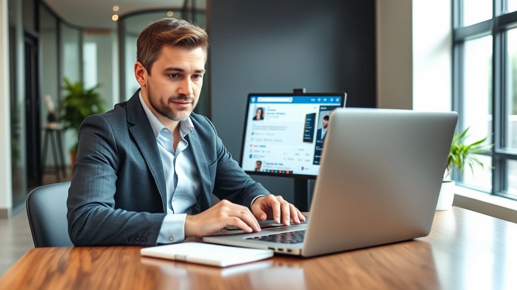 Professional sitting at desk working on laptop with LinkedIn interface visible on screen, modern office background, natural lighting, focused expression