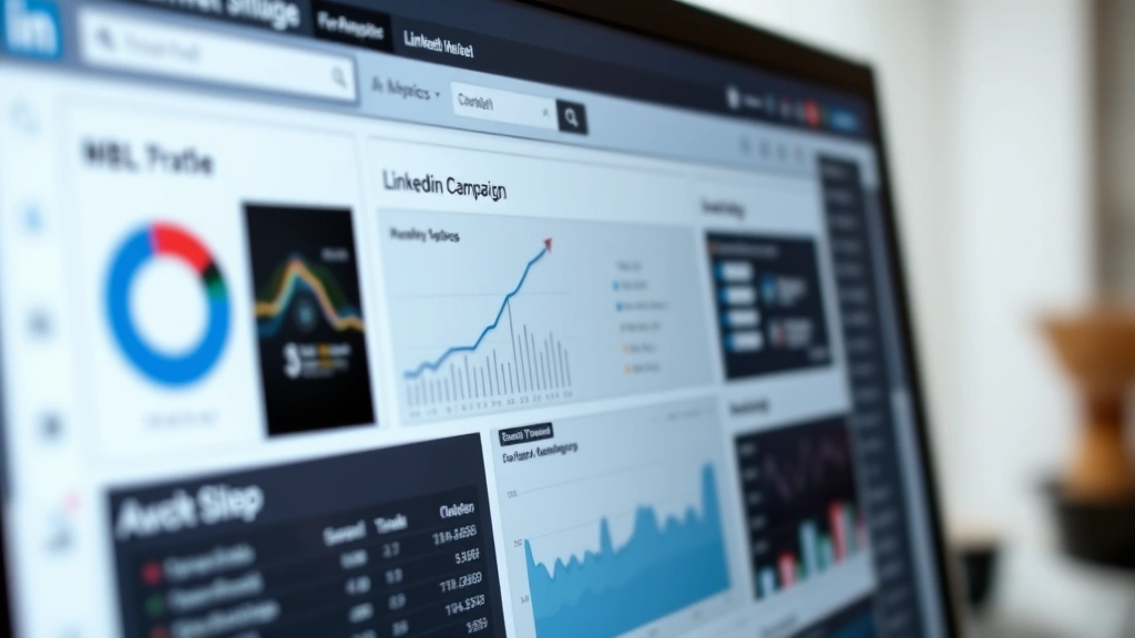 Close-up of LinkedIn campaign dashboard on computer monitor showing analytics, charts, and performance metrics with cursor pointing at data