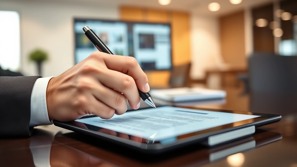 Professional businessman signing digital document on tablet with stylus pen, formal office desk with computer monitor in background, close-up of hand and tablet screen