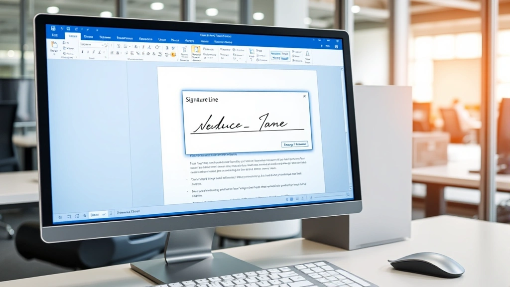 Computer screen showing Microsoft Word document open with signature line feature dialog box displayed, desk setup with keyboard and mouse visible, modern office environment