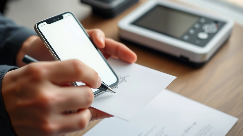 Hands holding smartphone over blank white paper with black pen signature, scanner device in background, digital signature preparation workflow, close-up of signing process