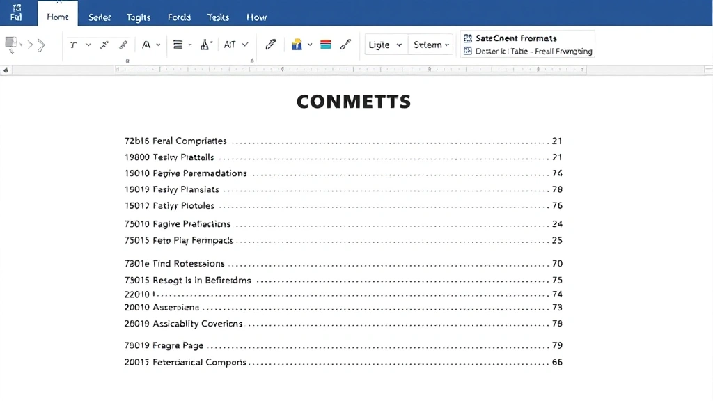 Completed table of contents page in Word document displaying formatted entries with page numbers and leader dots, professional business document style