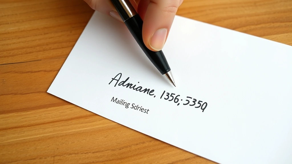 Close-up overhead view of a hand writing a mailing address on a white business envelope with a black ballpoint pen, showing proper letter formation and spacing, clear legible handwriting on a wooden desk surface