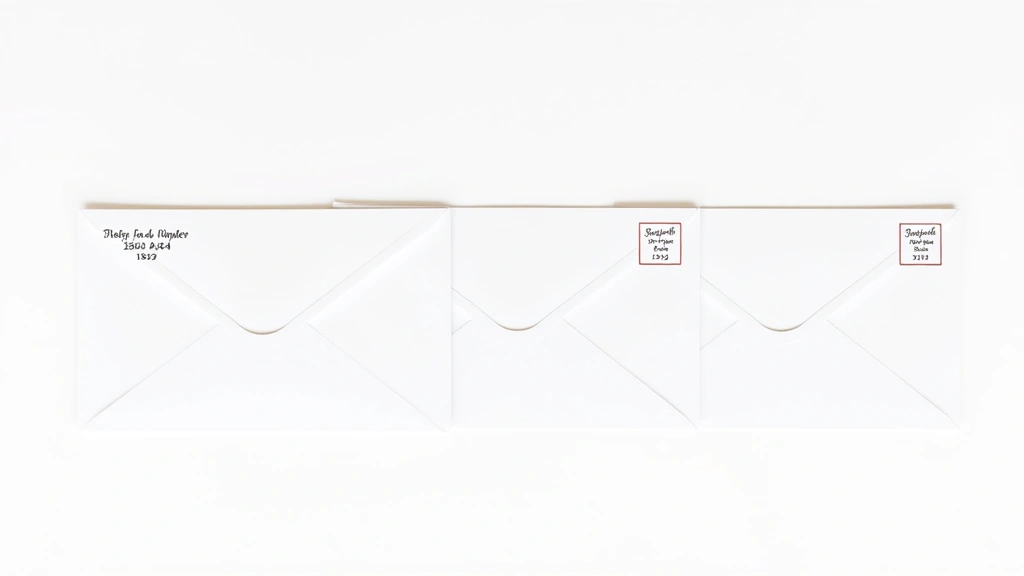 Flat lay photograph of three correctly addressed envelopes arranged in a row, displaying proper recipient address placement, return addresses in upper left corners, and clear postage areas, all on white background with natural lighting