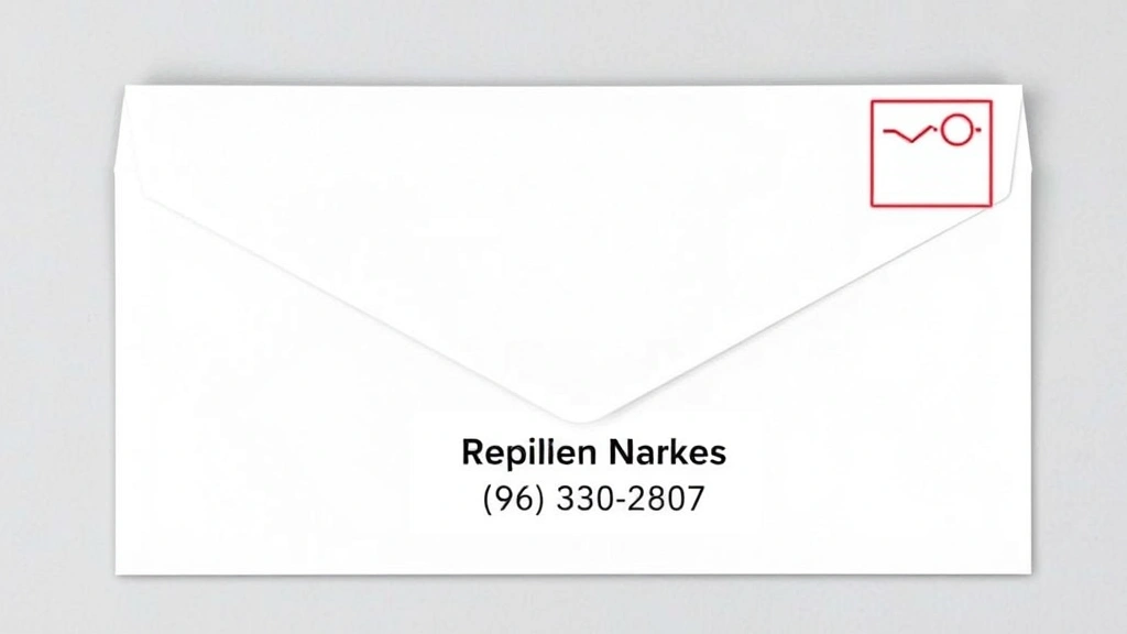 Detailed overhead shot of a standard business envelope with labeled sections showing recipient address block in center, return address in upper left corner, and postage area in upper right, demonstrating proper envelope formatting zones