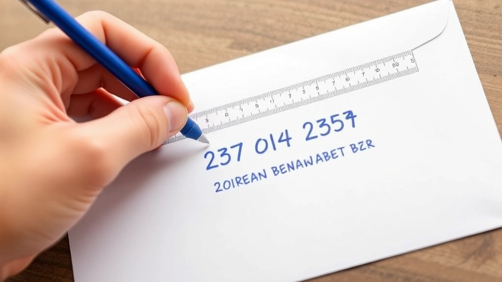 Hand holding blue ballpoint pen writing a residential address on a white envelope with ruler for alignment, showing proper handwriting technique