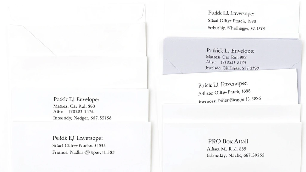Multiple envelopes arranged showing different address formats including business envelope, personal letter, international mail, and PO Box address examples, organized layout