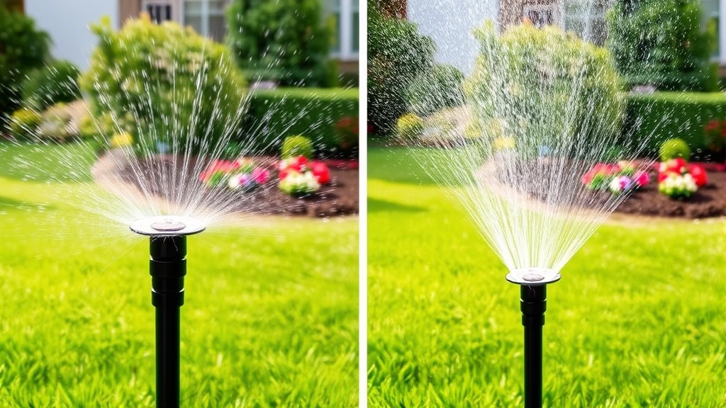 Side-by-side comparison showing two rotor sprinkler heads in operation, one spraying full arc and another spraying partial arc, water droplets visible mid-spray, residential lawn setting with garden beds