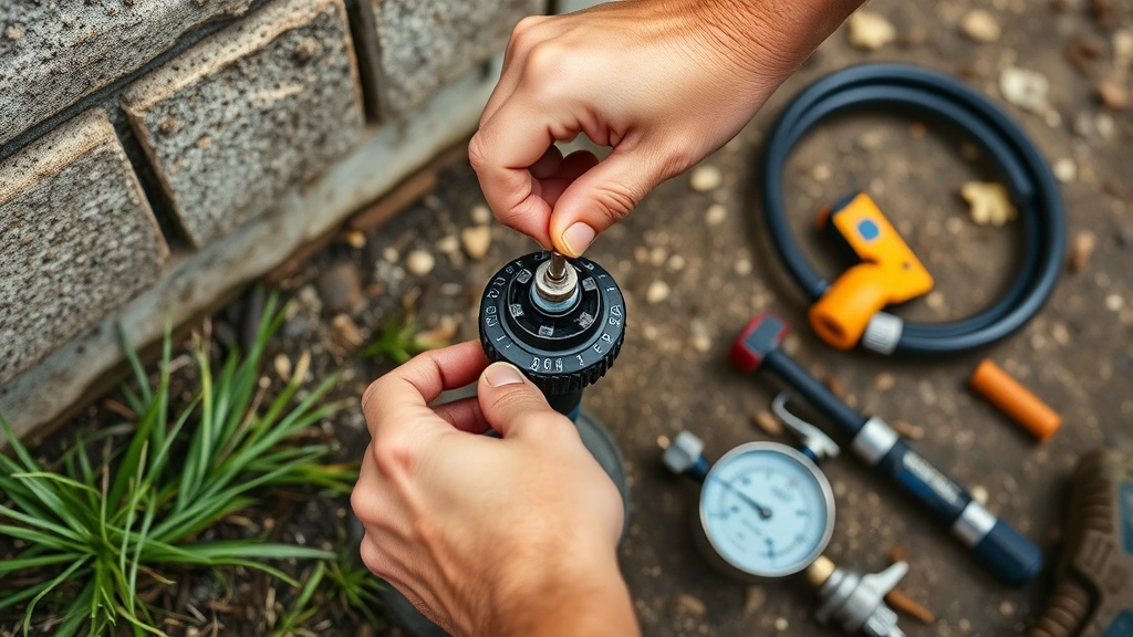 DIY hands adjusting a sprinkler head with a flathead screwdriver, showing the adjustment mechanism close-up, water pressure gauge and tools laid out on ground nearby, professional home improvement workshop atmosphere