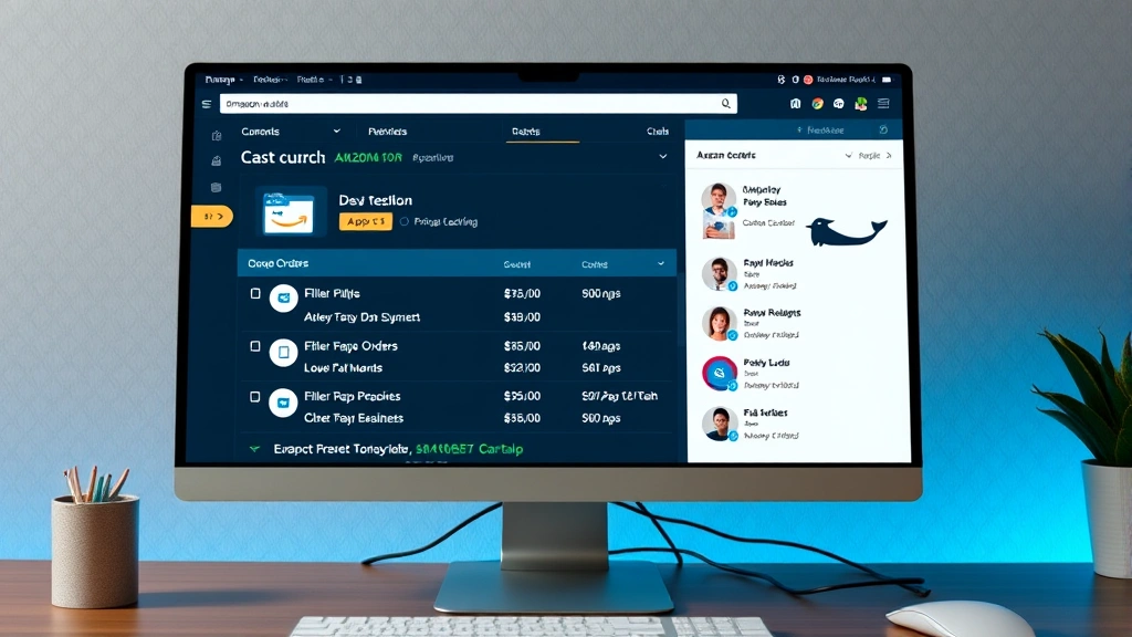 Desktop computer monitor showing organized Amazon account dashboard with archived orders folder and filing system aesthetic