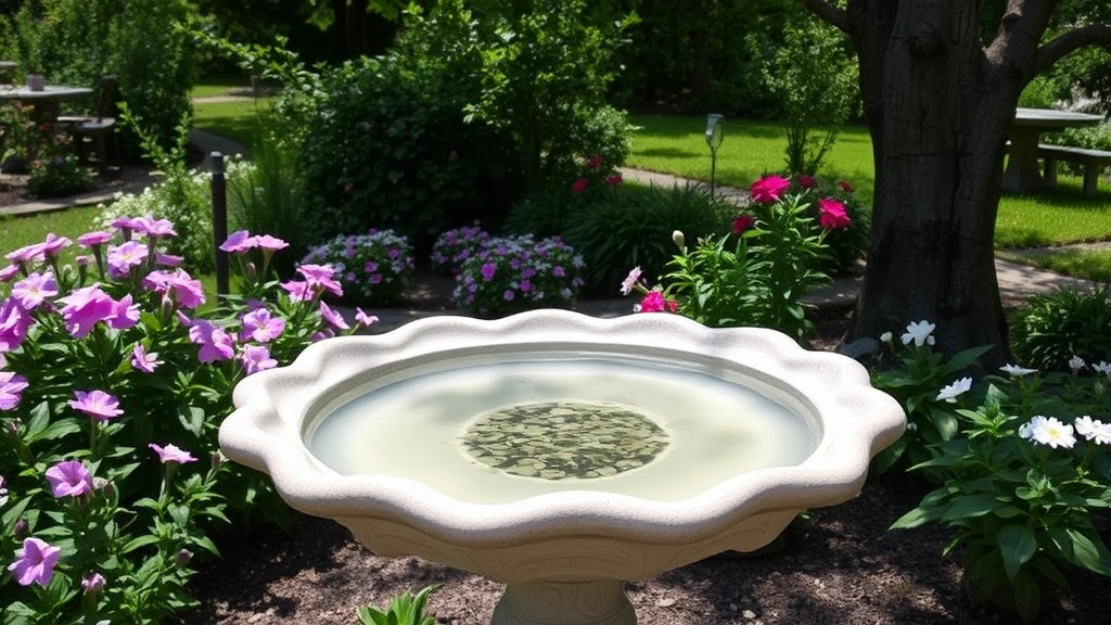 Ceramic bird bath filled with clear water in a garden setting, surrounded by flowering plants and mature trees, natural daylight
