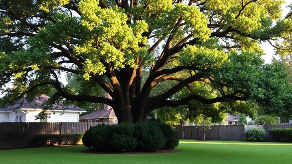 Tall mature oak tree with full foliage in residential yard, evergreen shrubs at base, open lawn area visible, afternoon lighting