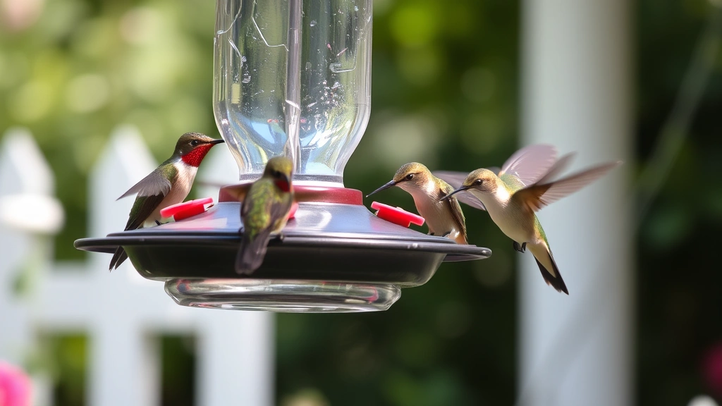 Close-up of hummingbird feeder with multiple birds feeding, crystal clear nectar visible, hanging from shepherd's hook with blurred garden behind