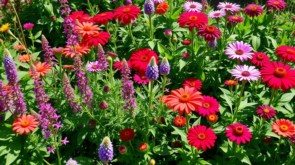 Lush garden bed with diverse hummingbird-attracting flowers including bee balm, salvia, and zinnias in reds and purples, natural daylight