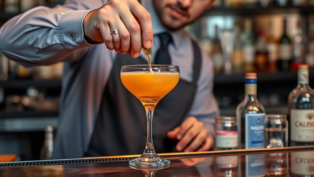 Professional bartender pouring cocktail into glass with precision over bar counter with bottles and bar tools in background, warm lighting, close-up shot