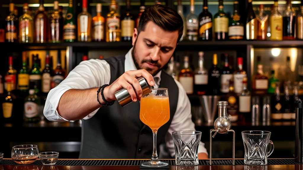 Bartender shaking cocktail in metal shaker with focused expression, well-organized bar setup with various spirits and glassware visible behind