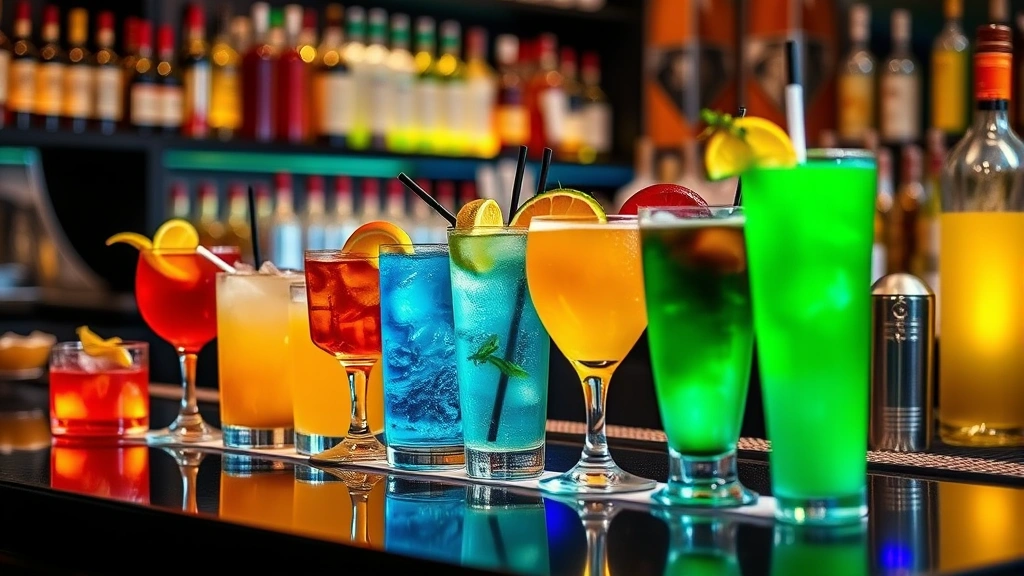 Multiple colorful cocktails lined up on bar counter showing different drink presentations and garnishes, professional bar lighting and setup