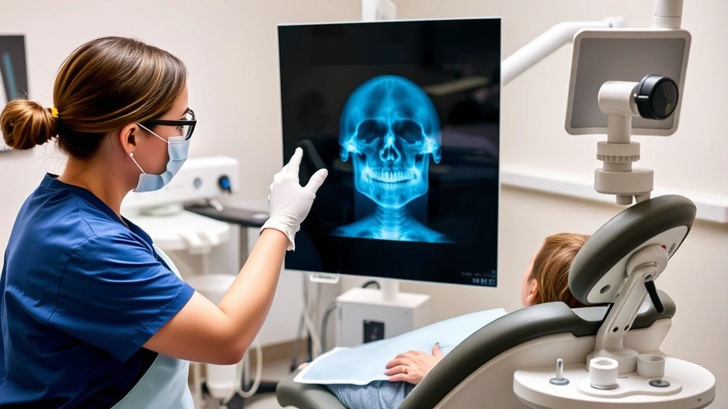 Dental assistant taking X-rays of patient in dental chair with protective lead apron, showing proper positioning and modern digital radiography equipment in clinical environment