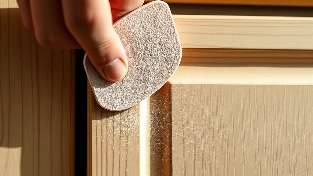 Close-up of hand sanding laminate surface with 120-grit sandpaper on wooden cabinet door, creating visible texture and dust particles in afternoon light
