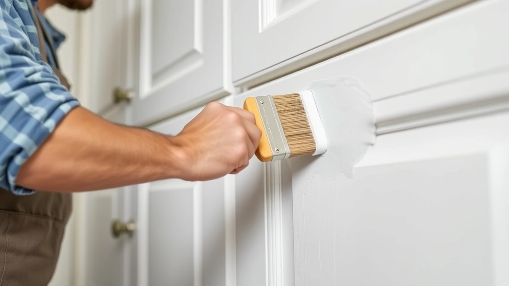 Professional painter applying bonding primer to laminate cabinet with high-quality synthetic brush, showing smooth even strokes and proper technique