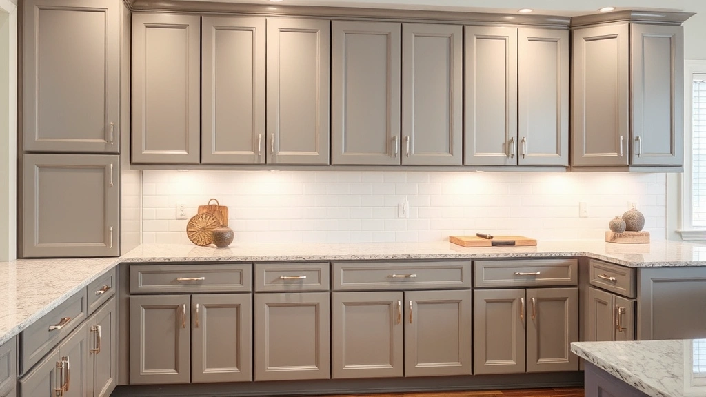 Finished painted laminate kitchen cabinets in soft gray with semi-gloss finish, showing smooth professional appearance with hardware and countertops visible