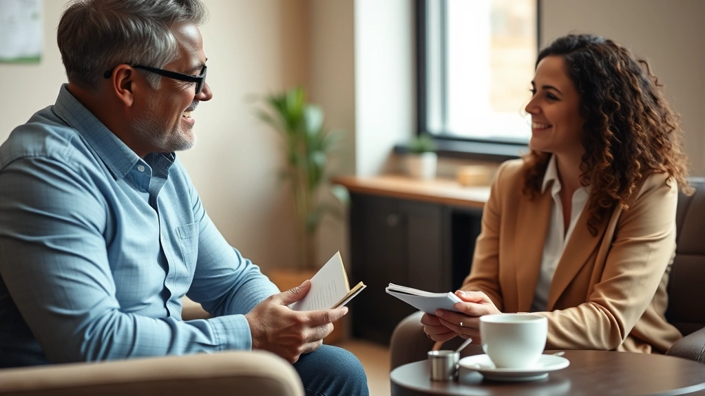 Close-up of a coach and client during a coaching session, both engaged and smiling, client taking notes in a journal or notebook, warm professional environment with coffee cups on a side table