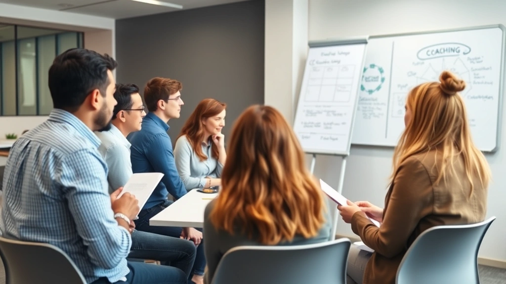 Diverse group of people in a coaching workshop or training session, coach leading discussion, participants engaged and taking notes, whiteboard or flip chart visible in background with coaching concepts, bright modern training room