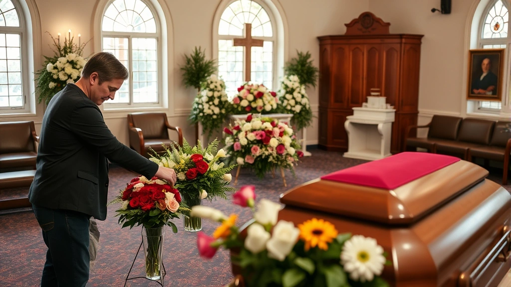 Funeral service professional arranging flowers and casket display in decorated funeral home chapel with respectful, peaceful ambiance