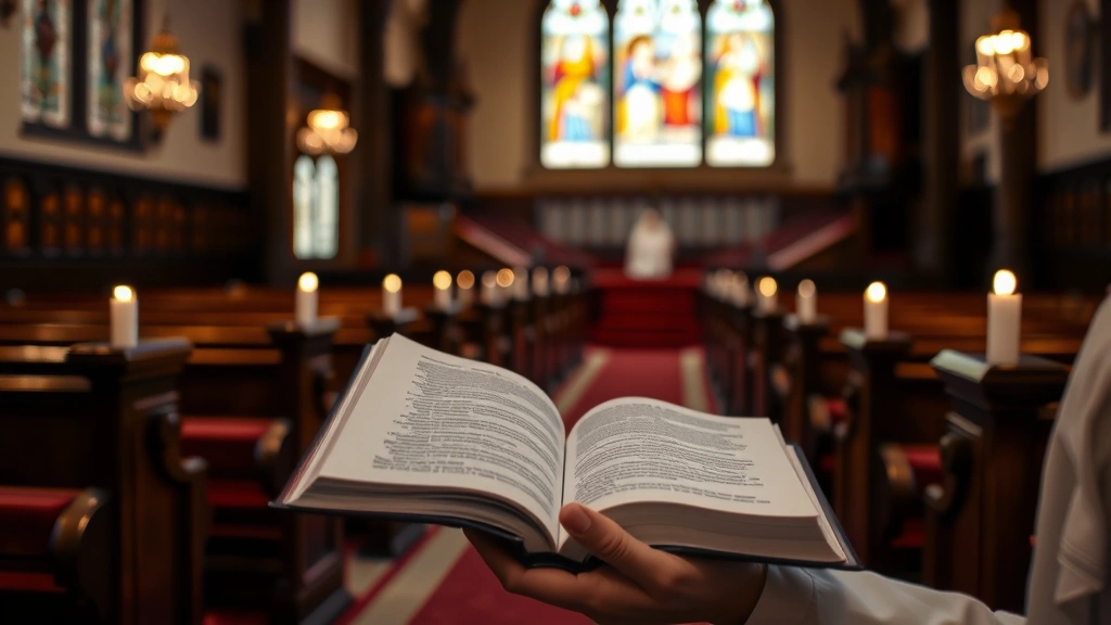 Close-up of nun's hands holding an open prayer book in candlelit chapel, wooden pews and stained glass windows in soft focus background